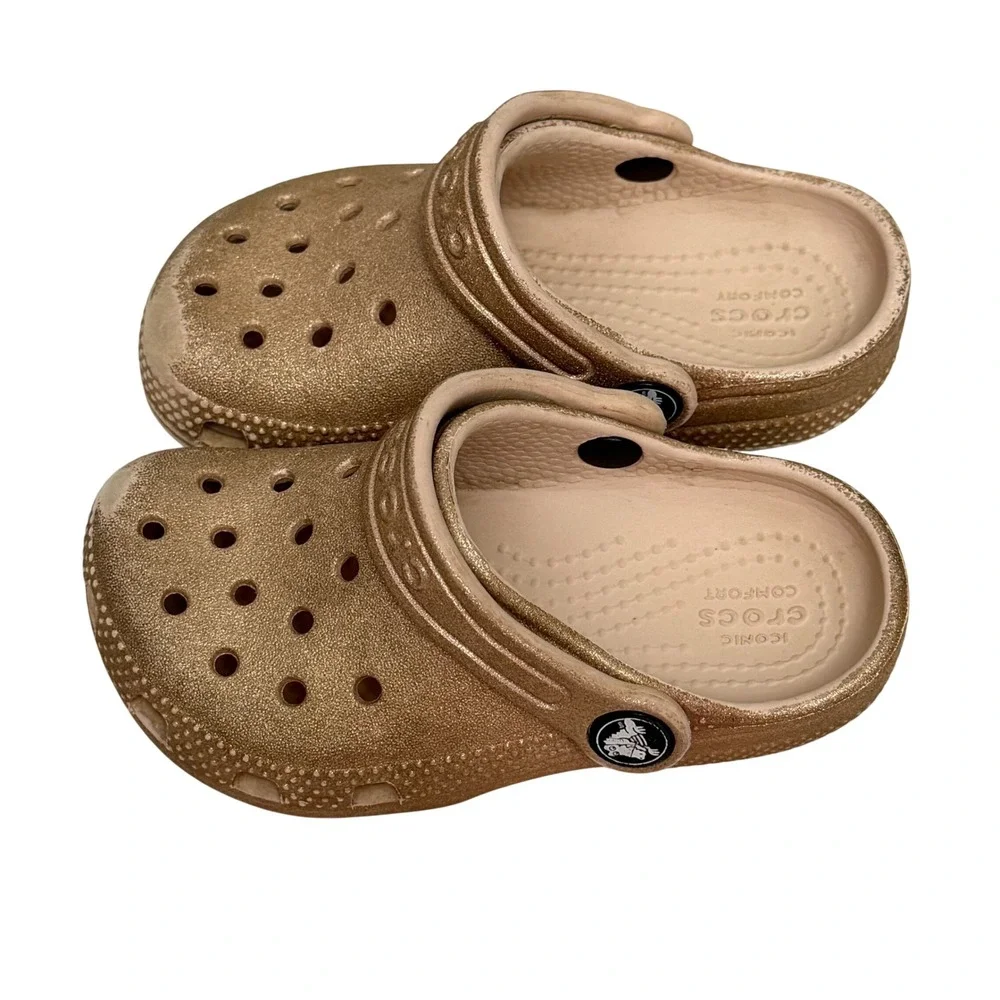 Crocs Classic Clog Kids Gold Glitter Metallic Sparkly Slip On Sandals Size C8